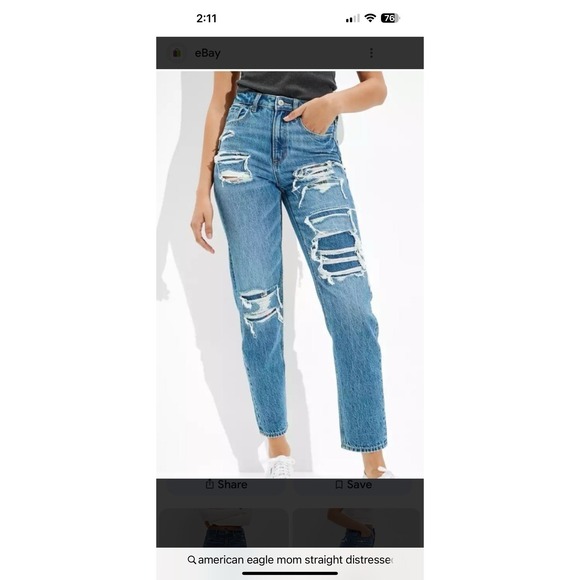 American Eagle Women's Size 8 Mom Plaid Patch Distressed Straight Jeans - Picture 1 of 13